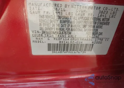 2016 Nissan Sentra Sv from USA, damaged, VIN 3N1AB7APXGL676734